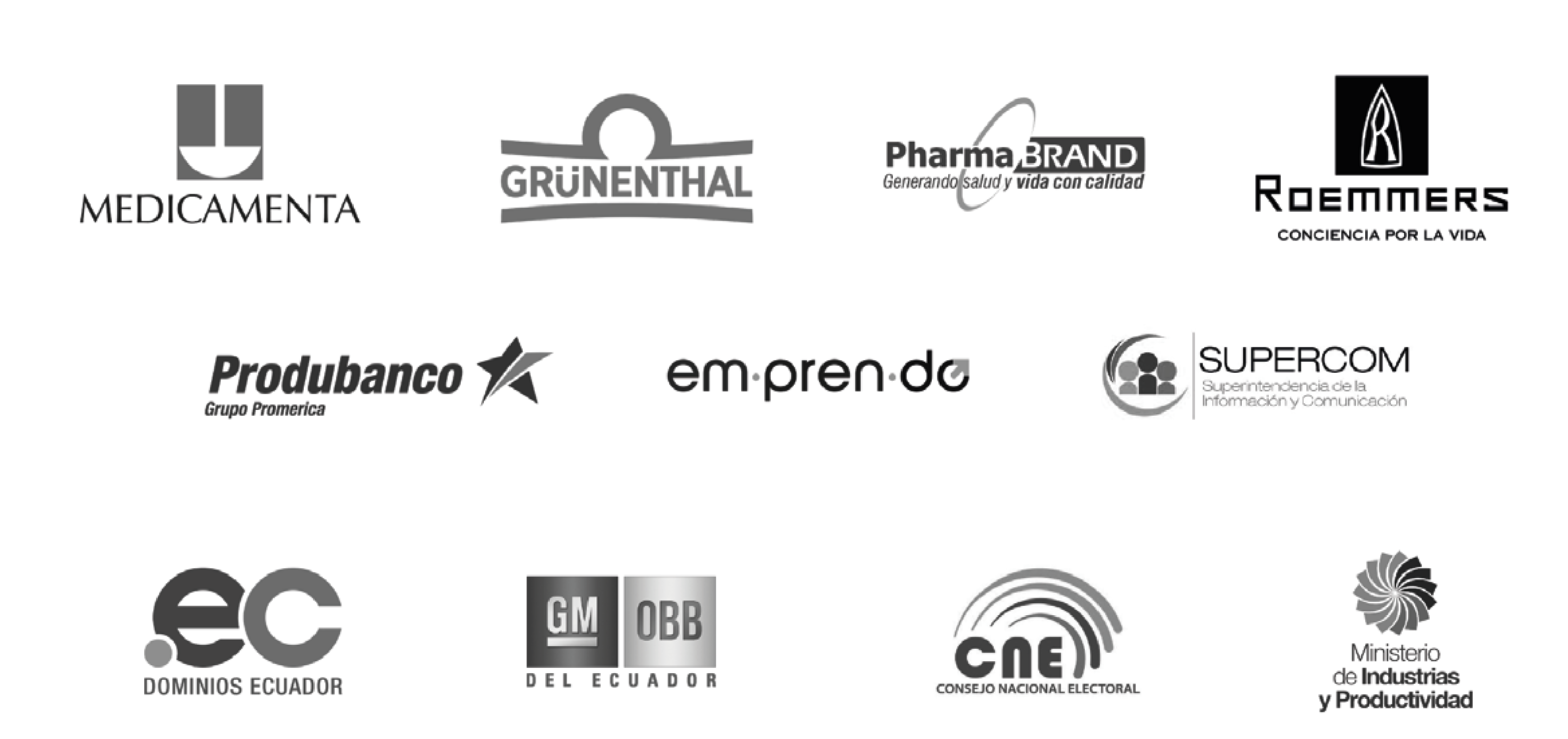 Logos de clientes: Medicamenta, Grünenthal, PharmaBrand, Roemmers, Produbanco y más